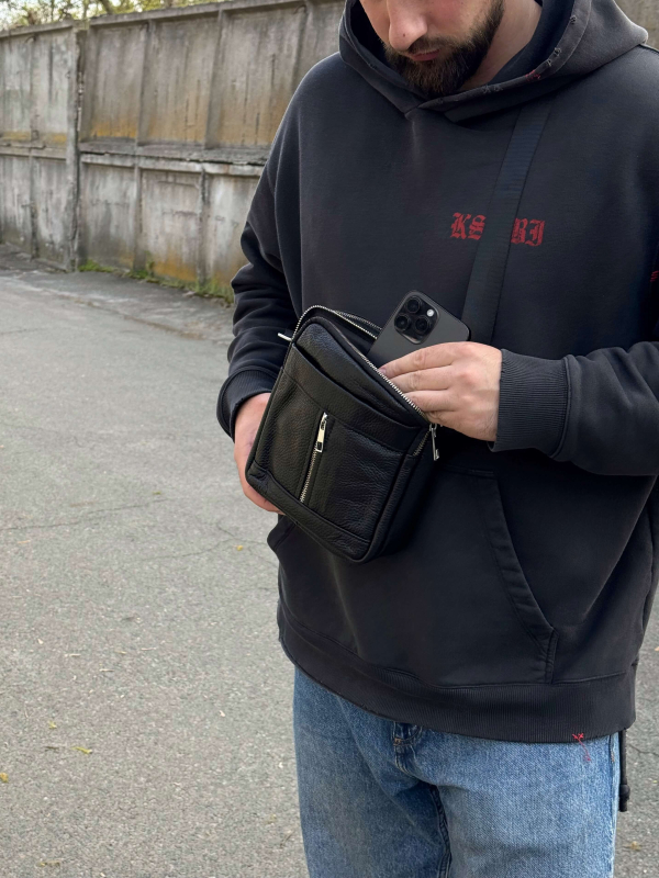 Чоловіча сумка месенджер через плече шкіряна чорного кольору ST039